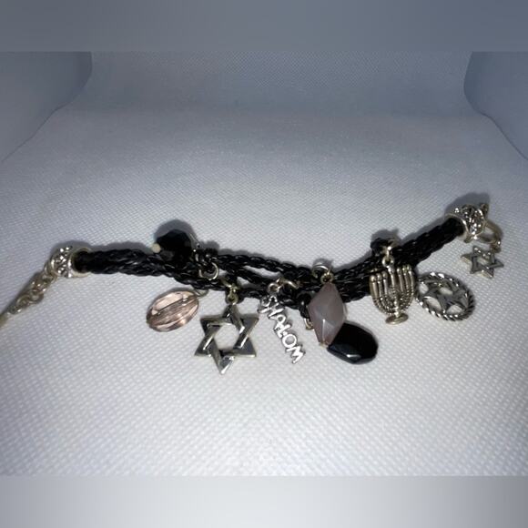 BRIGHTON LEATHER SILVER TONE JEWISH STAR OF DAVID MENORAH SHALOM CHARM BRACELET - Picture 2 of 11